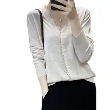 フィット Vネック透かし編み長袖カーディガン【軽量・レディース】（セットアップ対応）