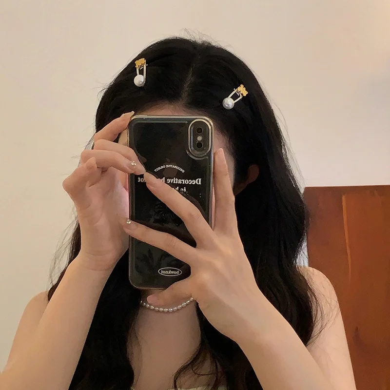 韓国のメタルベアヘアピンパール前髪：軽量かつ安定した日韓スタイルの定番前髪クリップ