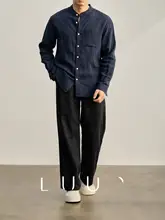 老舗デザインのリネン長袖シャツ【立ち襟・ポケット付き・カジュアル】