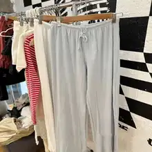 無地のドローストリングコットンロングパンツ【ハイウエスト・スリムフィット・快適】