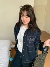 リボンデザインのデニムジャケットとパンツ【レトロスタイル・大きいサイズ・女性用】（セットアップ対応）