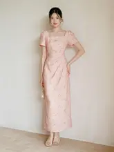 春夏用 中式改良チーパオ【ウエスト絞り・プリーツデザイン・スクエアネック】