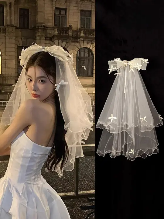 リボン付きベールヘッドドレス【ロリータ風・ボリューム感・花嫁用】