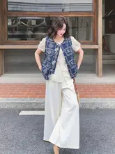 ヴィンテージ風 刺繍エプロンベスト【カラーコンビネーション・パフスリーブ・ワイドパンツ・夏用】（セットアップ対応）