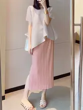 夏用スリムフィットのピンクのチュニックスカート【リブデザイン・ハイウエスト・スリット入り】