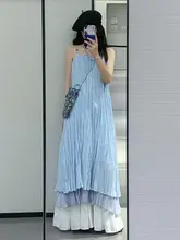 エレガントなブルーのキャミソールワンピース【夏用・リゾートスタイル・ロング丈】