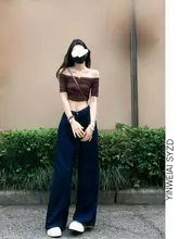 レディース 深いブルーのワイドレッグデニムパンツ【高腰・フィット・シワ加工】
