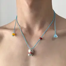 ブルーのレザーコードのドパミン小犬ネックレス【可愛いデザイン・引き伸ばし式・ロングスタイル】