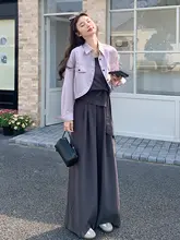 グレーサロペットパンツとショートジャケットの重ね着ファッション【高級感・女性用】（セットアップ対応）