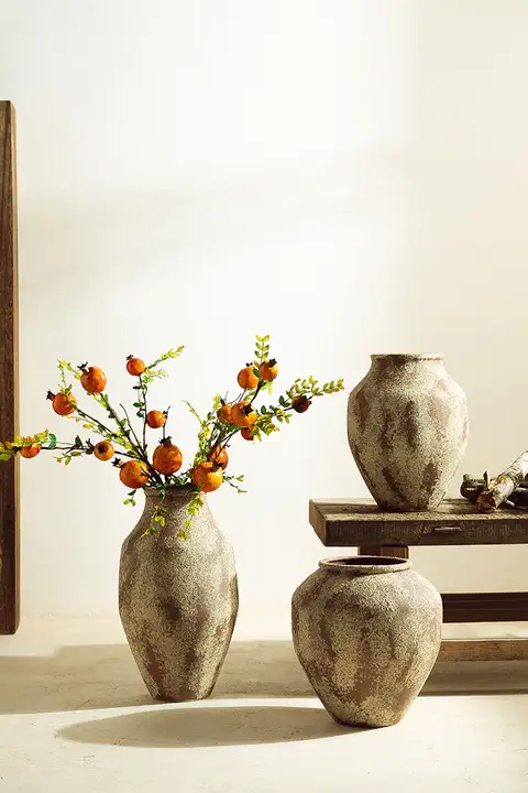 景徳鎮製 陶製花瓶 アートフラワー付き【侘寂風・リビング・ダイニング用】