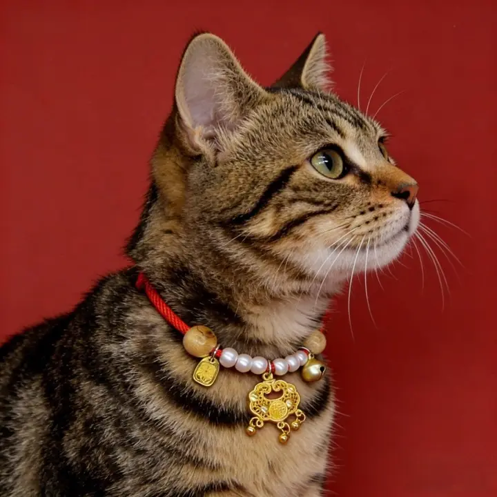 手作りの猫用国風スタイルネックレス【赤い紐・長命鎖・ペット用】