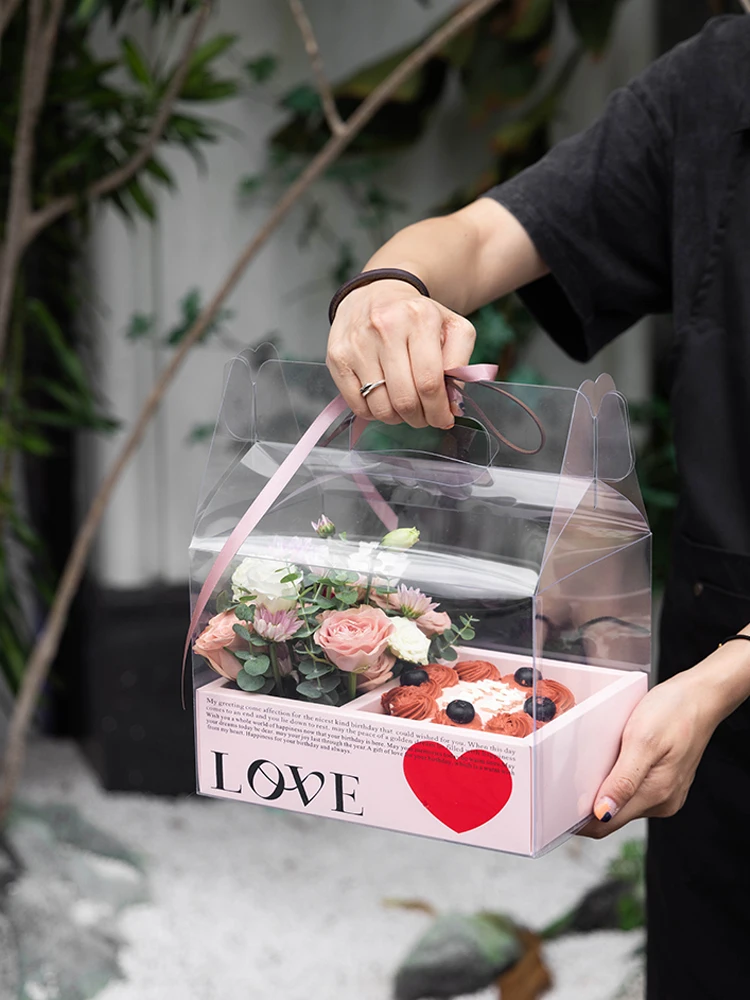 バレンタインデー向けギフトボックス：生花ブーケとカードを収納するポータブルラッピングケース