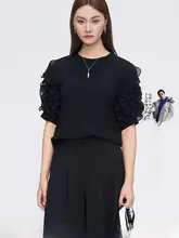 夏用レトロデザインのラッフルスリーブTシャツ【丸首・不規則デザイン】