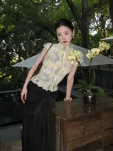 夏用 涼しげな雪纺無袖Tシャツ【グラデーションプリント・短袖・ひだデザイン】