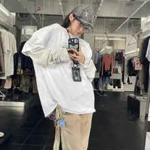 PANQ アメリカンレトロ風プリント長袖Tシャツ【ユニセックス・カジュアル・レイヤード風】