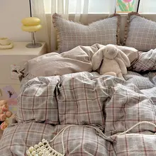 インスタ風木綿スフレチェックフリルデザイン寝具【三点セット・学生向け】（セットアップ対応）