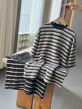 ストライプデザインのルーズフィットTシャツ【丸首・男女兼用・翻辺工法】