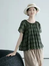 夏用 薄手シルクコットンチェック柄 Aライン半袖ワンピース【清涼感・ドールスタイル】