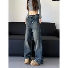 W3 ヴィンテージ風ウォッシュ加工デニムパンツ【ゆったりストレート・アンクル丈・継ぎ目デザイン】