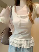 レース切り替えの大きなネックラインの半袖Tシャツ【春夏用・女性用・おしゃれなトップス】（セットアップ対応）