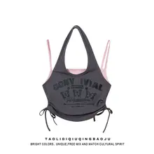 ブラックバタフライネック吊りストラップタンクトップ【夏用・フィット感・ショート丈】