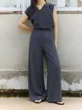 2点セ  ット レディース ギャザー パフスリーブ Tシャツ ワイドパンツ マキシ丈 「seei」