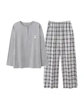 カジュアルなTシャツとチェック柄ロングパンツの春秋用パジャマ【柔らかい純綿・快適なウェア】