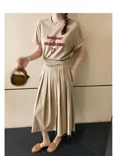スタイリッシュなカキ色のロングパンダスカート【高腰・デザインプリーツ・フィット】