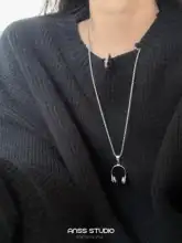 ANSS 音楽イヤフォンペンダント付きロングネックレス【ユニセックス・ヴィンテージ風・カジュアル】