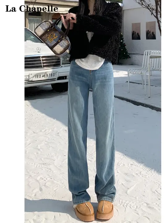 高腰スリムワイドデニムパンツ【レディース・ストレート・秋冬用・体型カバー】（セットアップ対応）