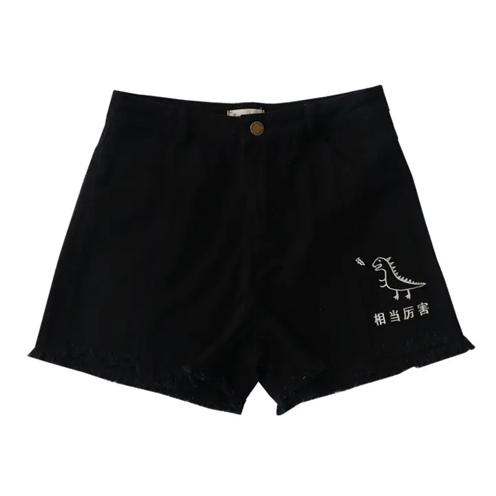 刺繍デザインのハイウエストワイドレッグショートパンツ【カジュアルスタイル・フィット感良好・フリンジ仕上げ】（セットアップ対応）