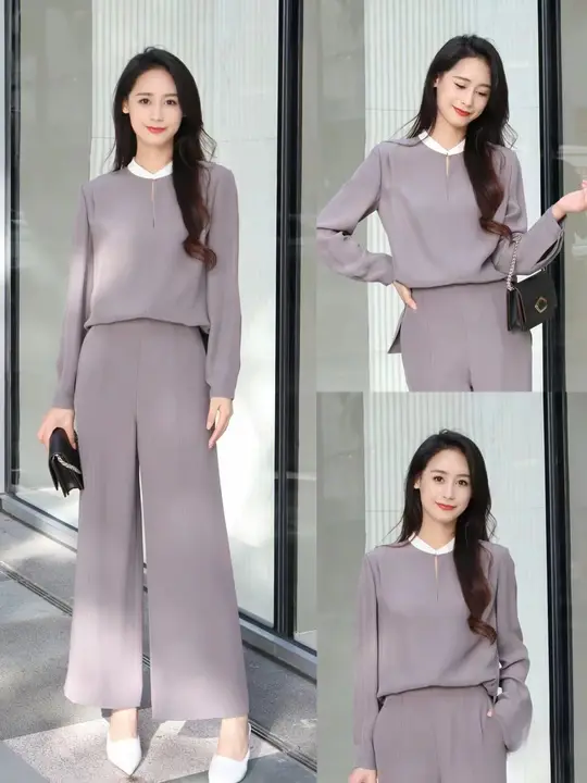 真丝の切替デザインシャツ【刺繍入り・ストレートパンツ付き】（セットアップ対応）