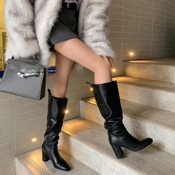 トレンド杢長靴【女性用・粗ヒール・膝下丈・エラスティック・ライダータイプ】