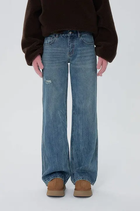 爆裂纹デザイン水洗い低腰ストレートデニムパンツ