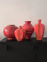 中古風レッド花瓶【造花・テーブル装飾用・陶器製】