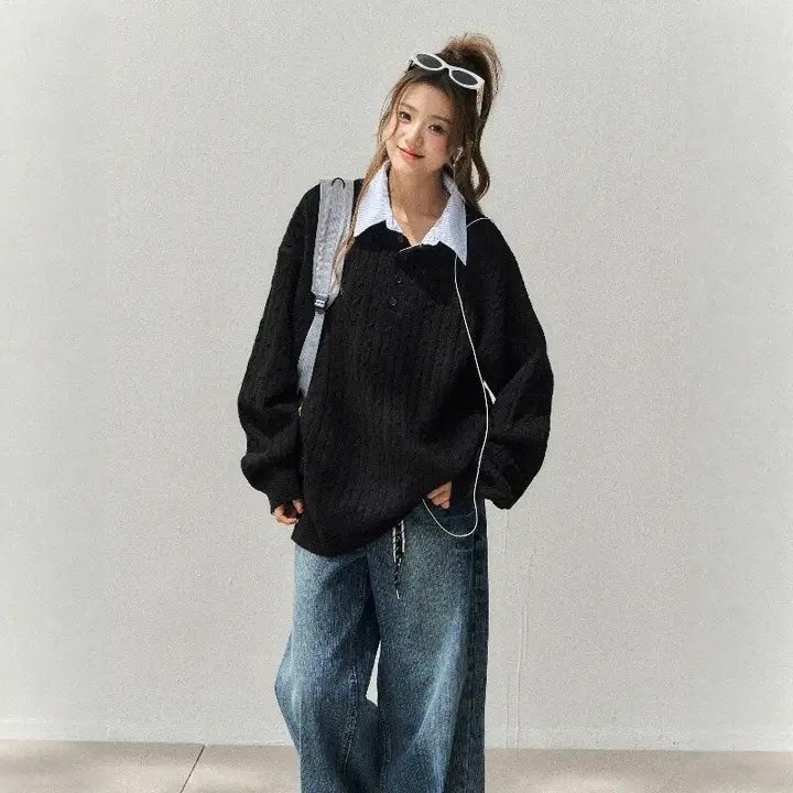 シャツカラー付きツイストニットセーター【女性用・秋冬・スタイル】（セットアップ対応）