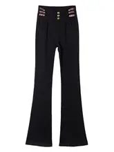 高腰ストレッチデニムフレアパンツ【ブラック・ミニベルボトム・スリムフィット】