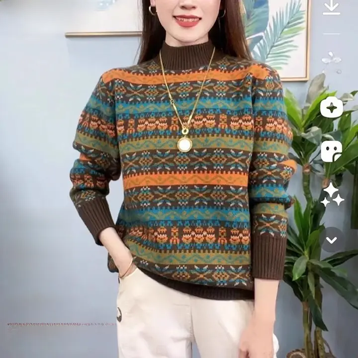 ピンクとブルーの配色が美しいタートルネックセーター【極上の柔らかさ・ウール100%・フィット】