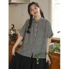 レトロチェック柄のコットンリネン半袖シャツ【夏用・女性用・デザイン性に優れた】