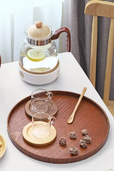 和風円形木製トレイ【ティー・コーヒー・ケーキ用】