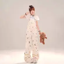 可愛らしいデザイン！デニムサロペットパンツ【夏用・ストレート・ワイドレッグ・小柄向け】（セットアップ対応）