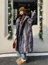 デザイン性の高いチェック柄ダックダウンフード付きロングダウンコート【女性用・ゆったりシルエット・膝下丈】