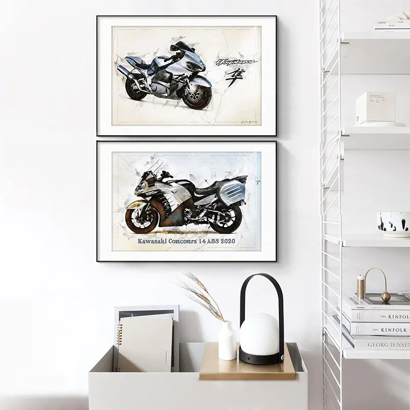 渋いバイクをテーマにしたモーターサイクルアートパネル：工業風デザインの空間融合
