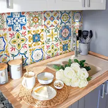 フランス風レトロキッチン用防油壁面ステッカー【高温耐性・花柄タイルデザイン・防水】