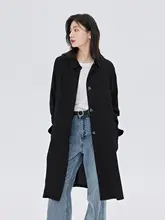 リネン製ポロカラー開衿ポケット付き中長丈シャツジャケット【秋用・ゆったりフィット・ブラック】