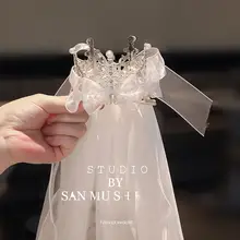 子供用夢幻の王冠ベール付きヘアクリップ【プリンセスデザイン・メッシュ・お誕生日やパフォーマンス用】