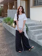 セットアップ 2点セット レディース メッシュトップス アシンメトリー プリントワイドパンツ 夏