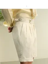 リネン混合の高腰ダブルプリーツショートパンツ【夏用・薄手】（セットアップ対応）