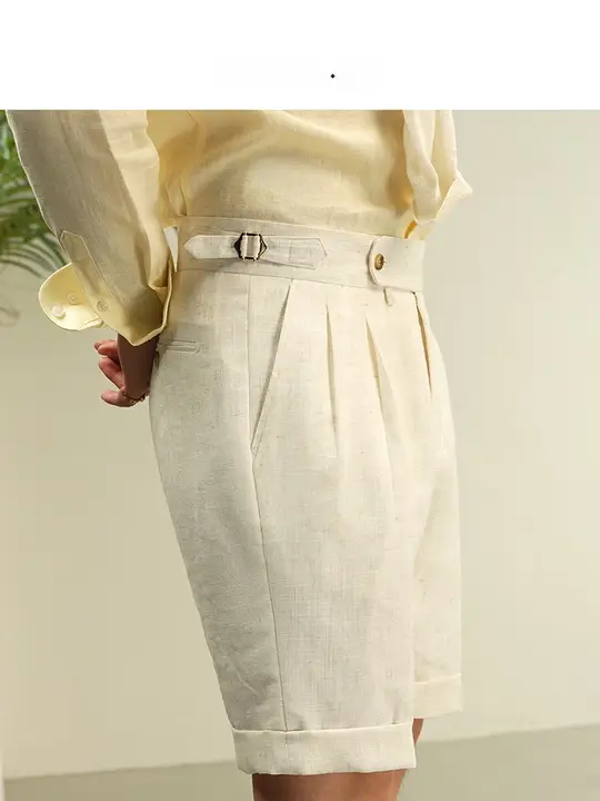 リネン混合の高腰ダブルプリーツショートパンツ【夏用・薄手】（セットアップ対応）