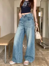 美しいビンテージ風のウォッシュブルージーンズ【女性用・夏用・極上の柔らかさ・ワイドレッグ・ロングパンツ】